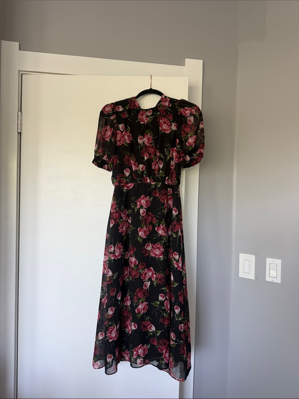 Black Floral Midi Dress with Puff Sleeves